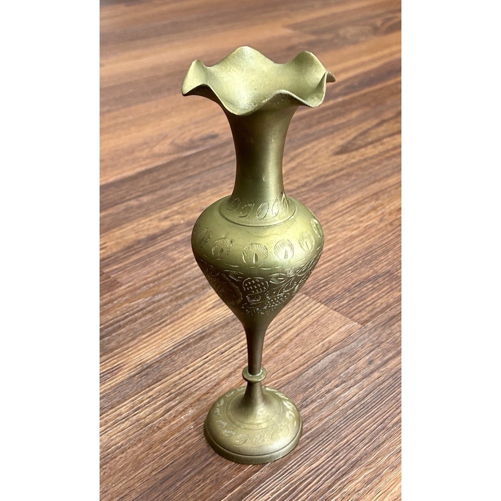 Vintage Indian Etched Brass Vase Ornate Floral Engraved Pedestal Vase